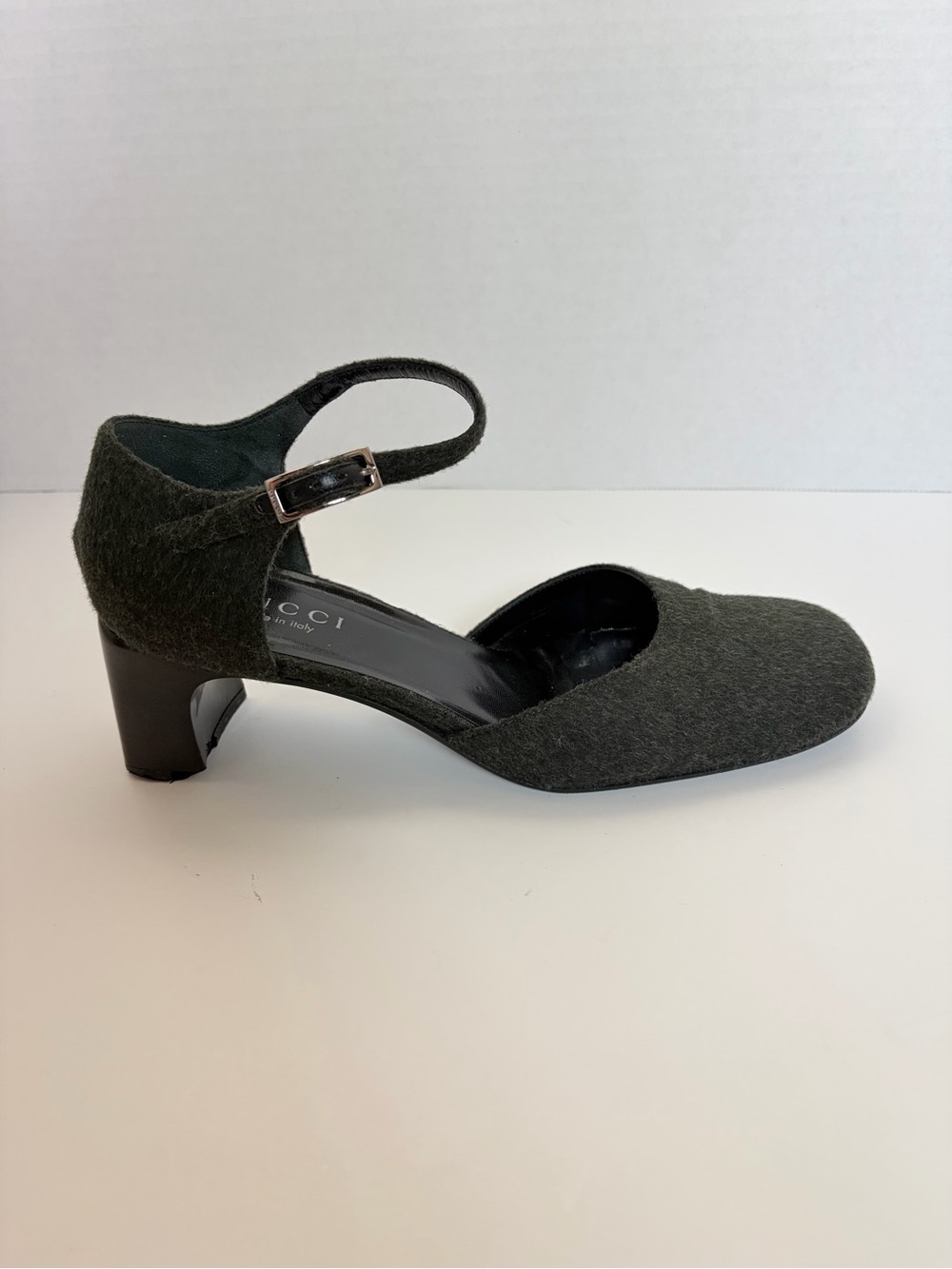 Gucci Mary Jane Pumps Vintage Ankle Strap Block Heel Wool Dark Green Size 38.5C - Picture 7 of 16